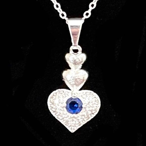 NEW Necklace Sapphire Blue Clear CZ Heart Pendant 925 Sterling Silver A08 - Picture 1 of 6